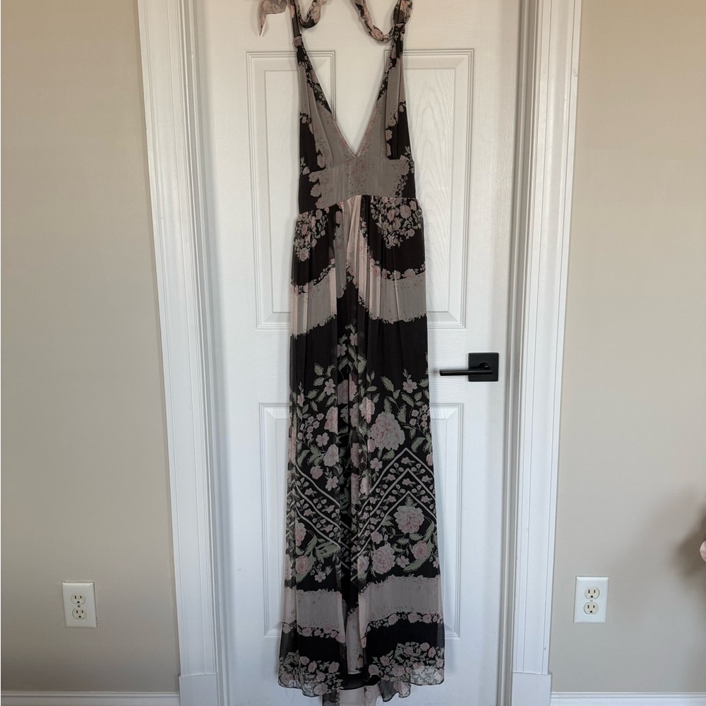 Elegant Black, blush and sage Patterned Maxi Dress- S